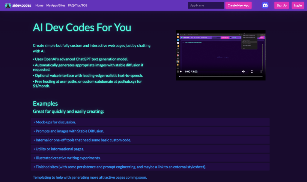 Screenshot of AIDev.Codes from https://aidev.codes/