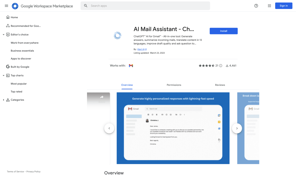 Screenshot of AI Mail Assistant from https://workspace.google.com/marketplace/app/ai_mail_assistant_chatgpt_for_gmail/793320270264