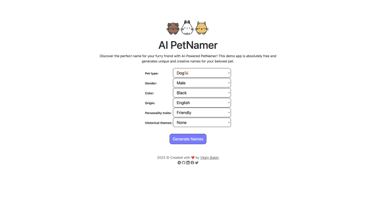 Screenshot of AI Pet Name Generator from https://aipetnamer.herokuapp.com/