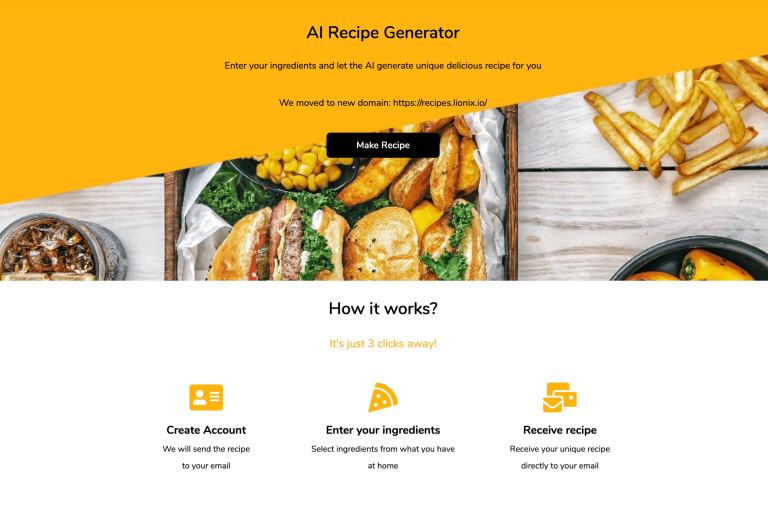 Screenshot of AI Recipe Generator App from https://ai-recipes.softr.app/