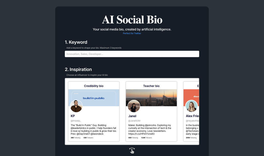 Screenshot of AI Social Bio from https://aisocialbio.com/