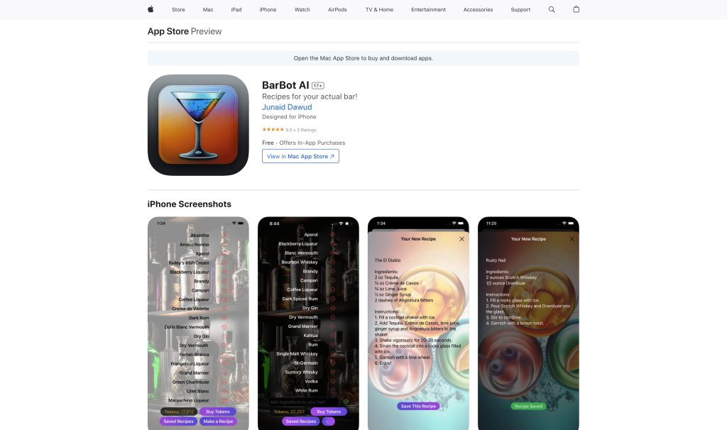 Screenshot of BarBot AI from https://apps.apple.com/us/app/barbot-ai/id1669668242
