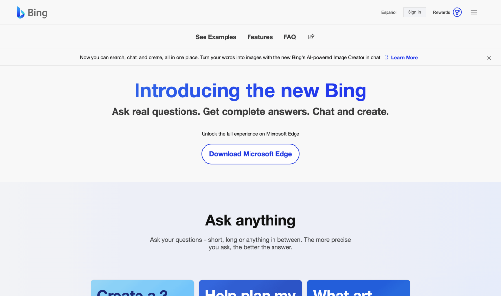 Screenshot of Bing from https://www.bing.com/new
