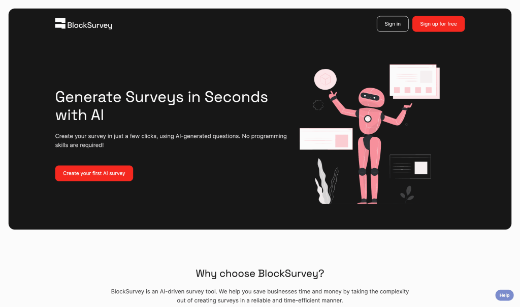 Screenshot of BlockSurvey from https://blocksurvey.io/ai-surveys
