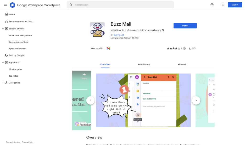 Screenshot of Buzz Mail from https://workspace.google.com/marketplace/app/buzz_mail/650469784389