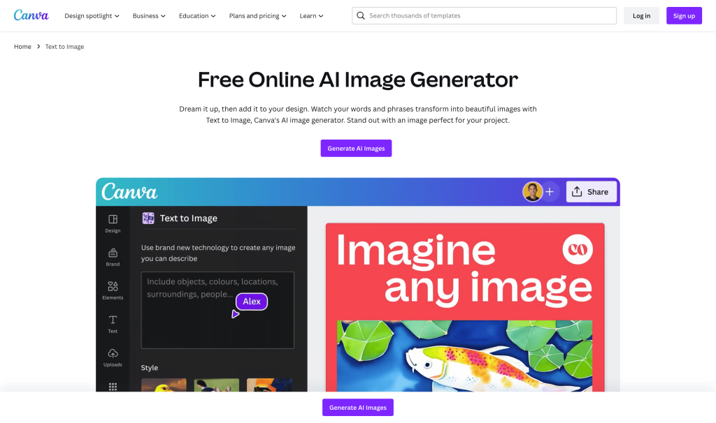 Screenshot of Canva Image Generator from https://www.canva.com/features/ai-image-generator/