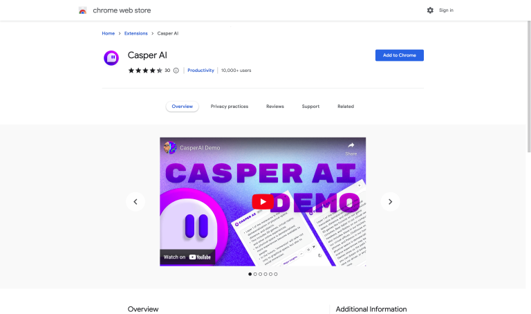 Screenshot of Casper AI from https://chrome.google.com/webstore/detail/casper-ai/fgfiokgecpkambjildjleljjcihnocel