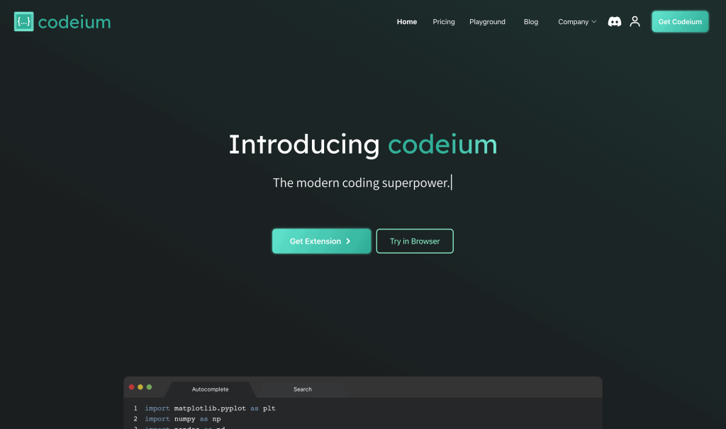 Screenshot of Codeium from https://www.codeium.com/