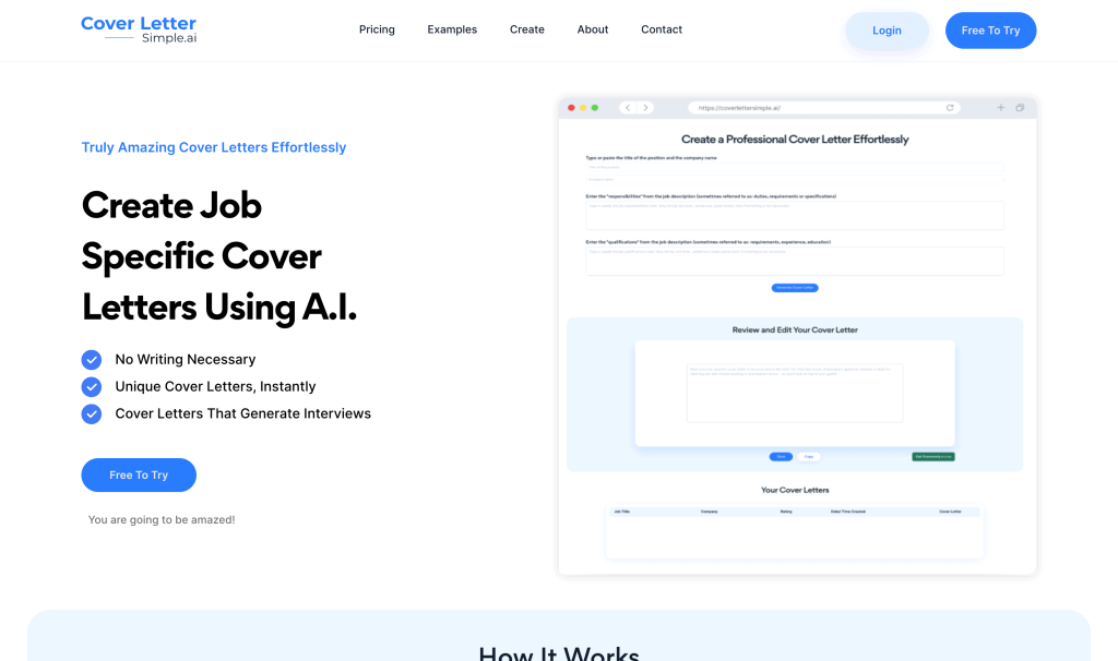 Screenshot of Cover Letter Simple ai from https://coverlettersimple.ai/