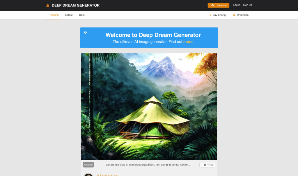 Screenshot of Deep Dream Generator from https://deepdreamgenerator.com/