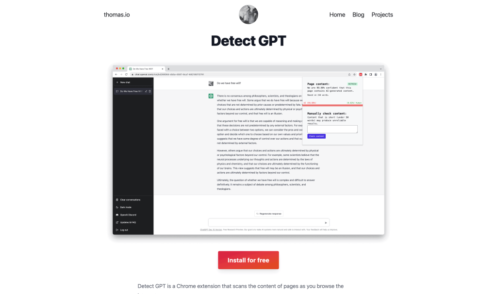 Screenshot of Detect GPT from https://thomas.io/detect-gpt