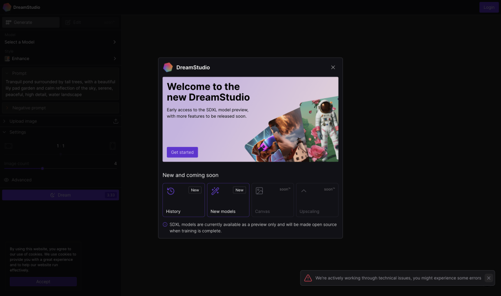 Screenshot of Dream Studio from https://beta.dreamstudio.ai/dream
