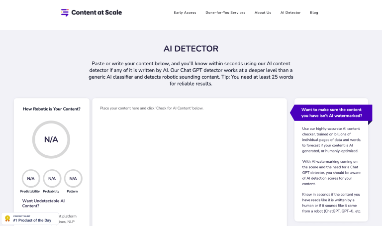 Screenshot of Free AI Detector from https://contentatscale.ai/ai-content-detector/