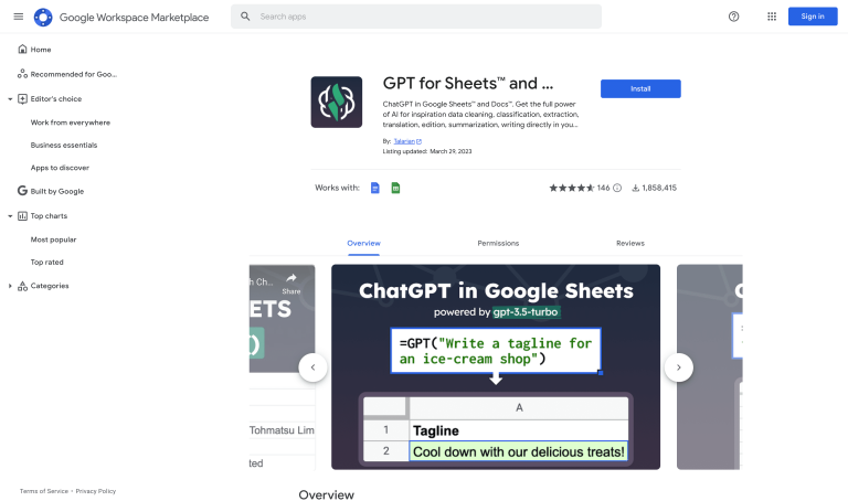 Screenshot of GPT For Sheets from https://workspace.google.com/marketplace/app/gpt_for_sheets/677318054654