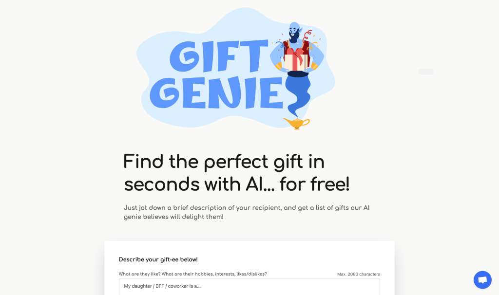 Screenshot of Gift Genie AI from https://www.giftgenie.ai/