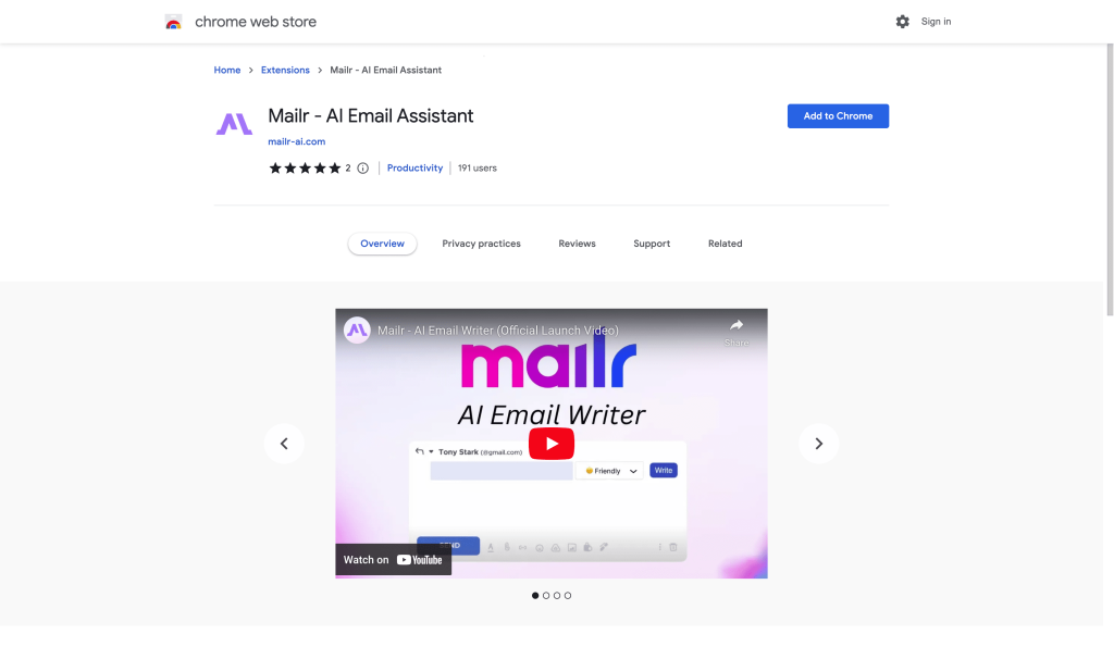 Screenshot of Mailr from https://chrome.google.com/webstore/detail/mailr-ai-email-assistant/nooogbcamojnhfkdnigljbjfjcpdfeic