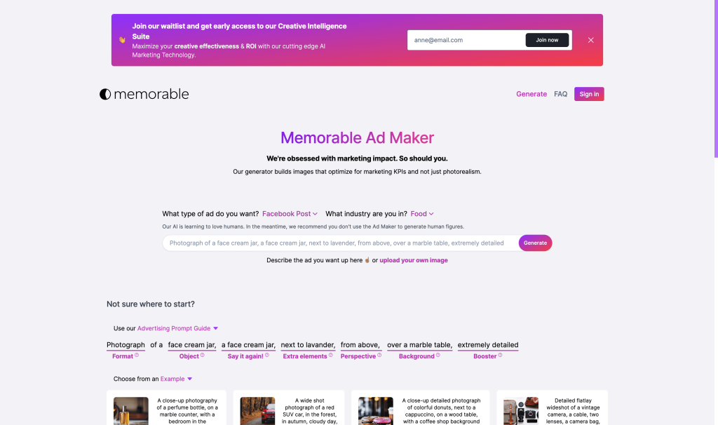 Screenshot of Memorable Ad Maker from https://admaker.memorable.io/