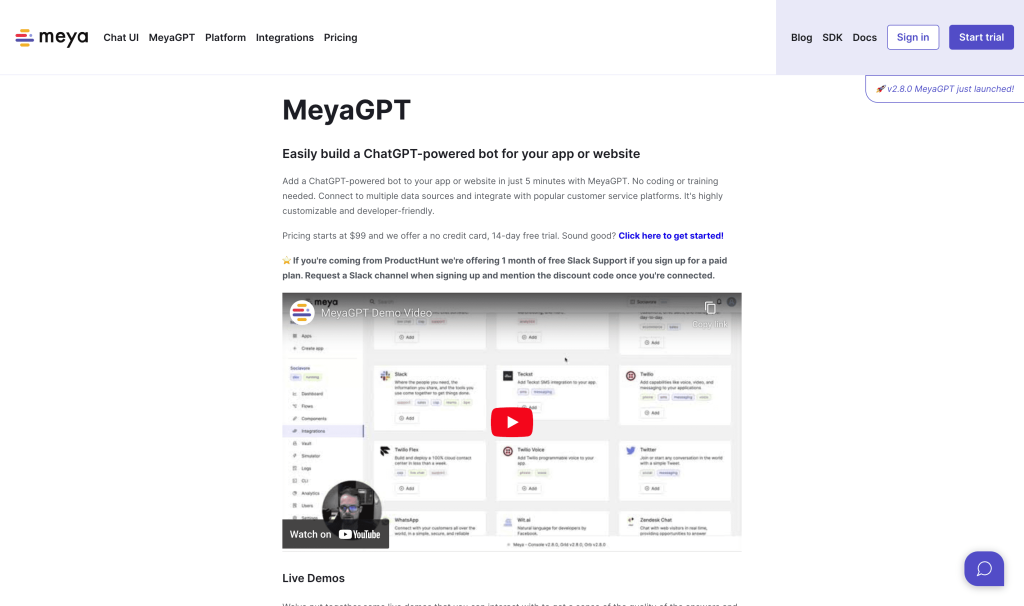 Screenshot of MeyaGPT from https://www.meya.ai/product/meyagpt