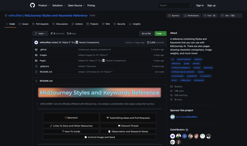Screenshot of MidJourney Styles & Keywords from https://github.com/willwulfken/MidJourney-Styles-and-Keywords-Reference