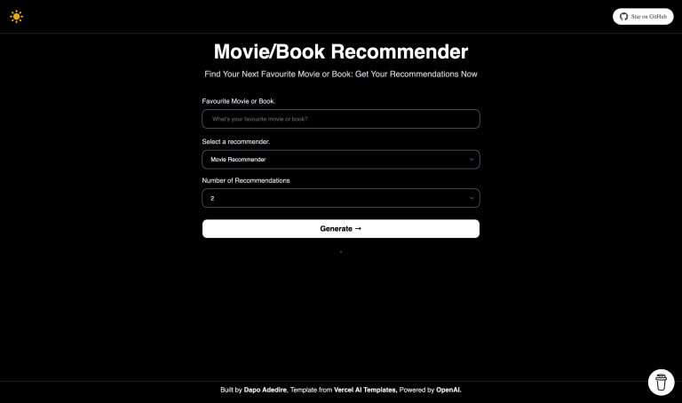 Screenshot of Movie & Book Recommender from https://movie-and-book-recommender.vercel.app/