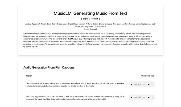 Screenshot of MusicLM from https://google-research.github.io/seanet/musiclm/examples/