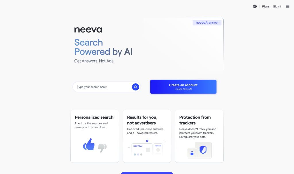 Screenshot of Neeva from https://neeva.com/