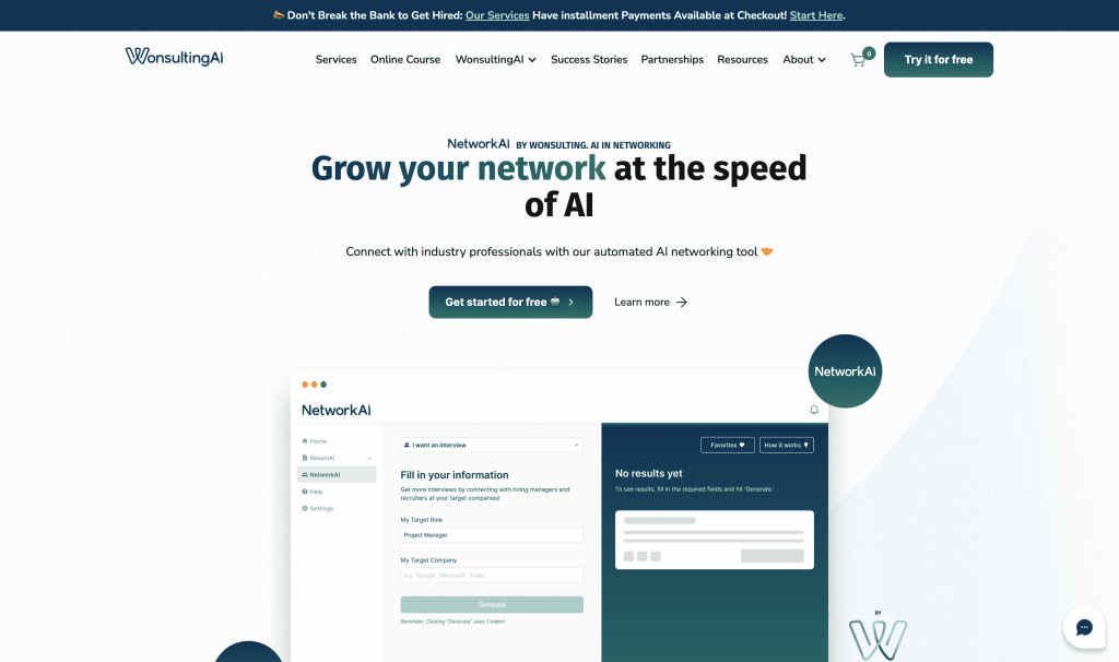 Screenshot of NetworkAI from https://www.wonsulting.com/networkai