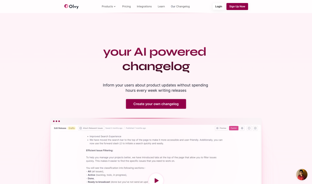Screenshot of Olvy Changelogs from https://olvy.co/changelogs