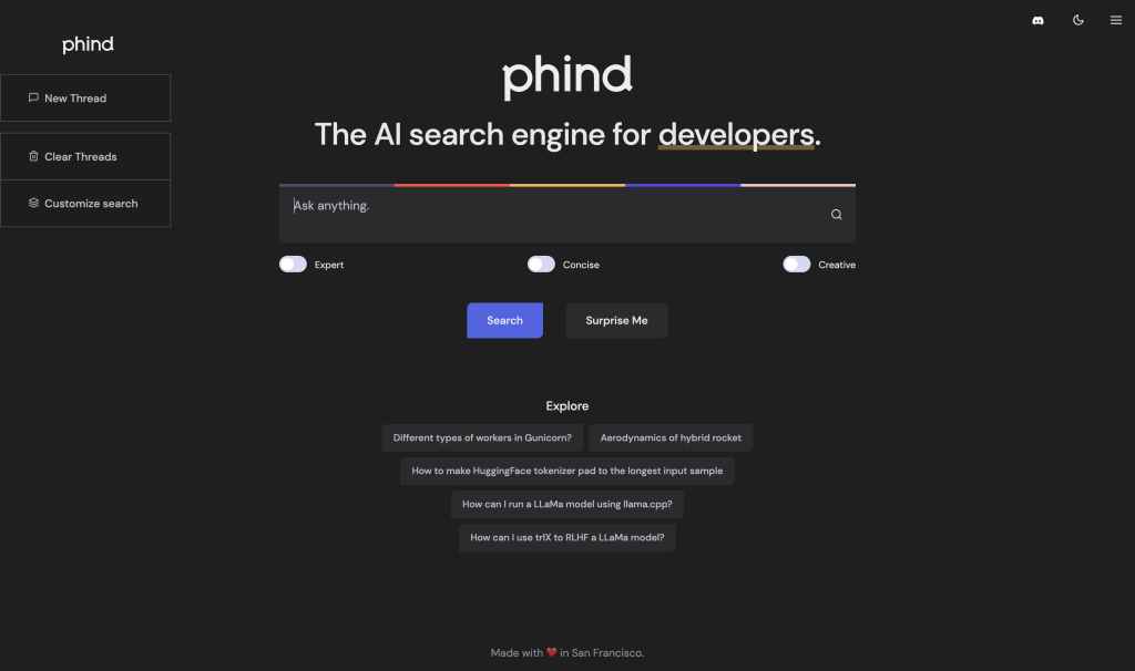 Screenshot of Phind from https://phind.com/