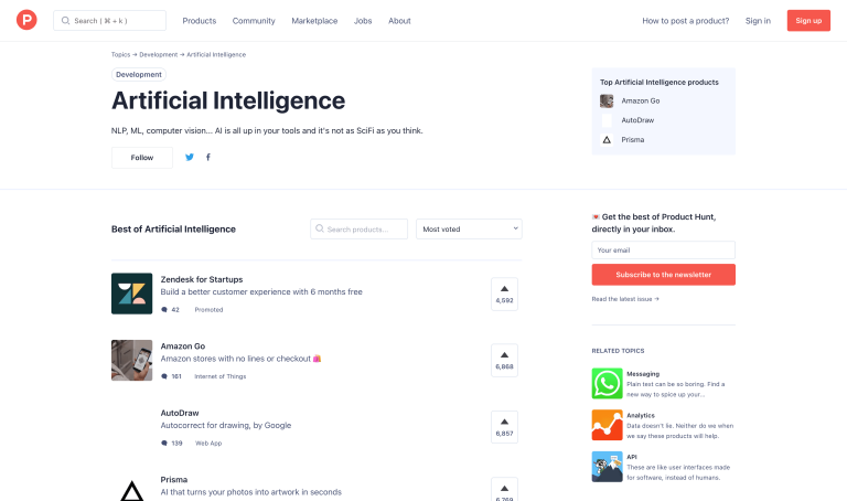 Screenshot of Product Hunt AI Tools from https://www.producthunt.com/topics/artificial-intelligence