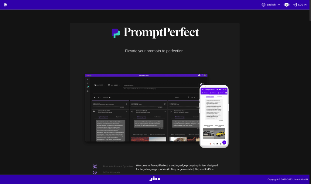 Screenshot of PromptPerfect from https://promptperfect.jina.ai/