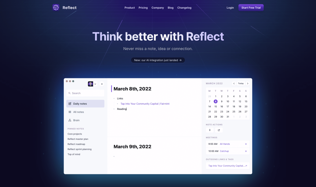 Screenshot of Reflect from https://reflect.app/