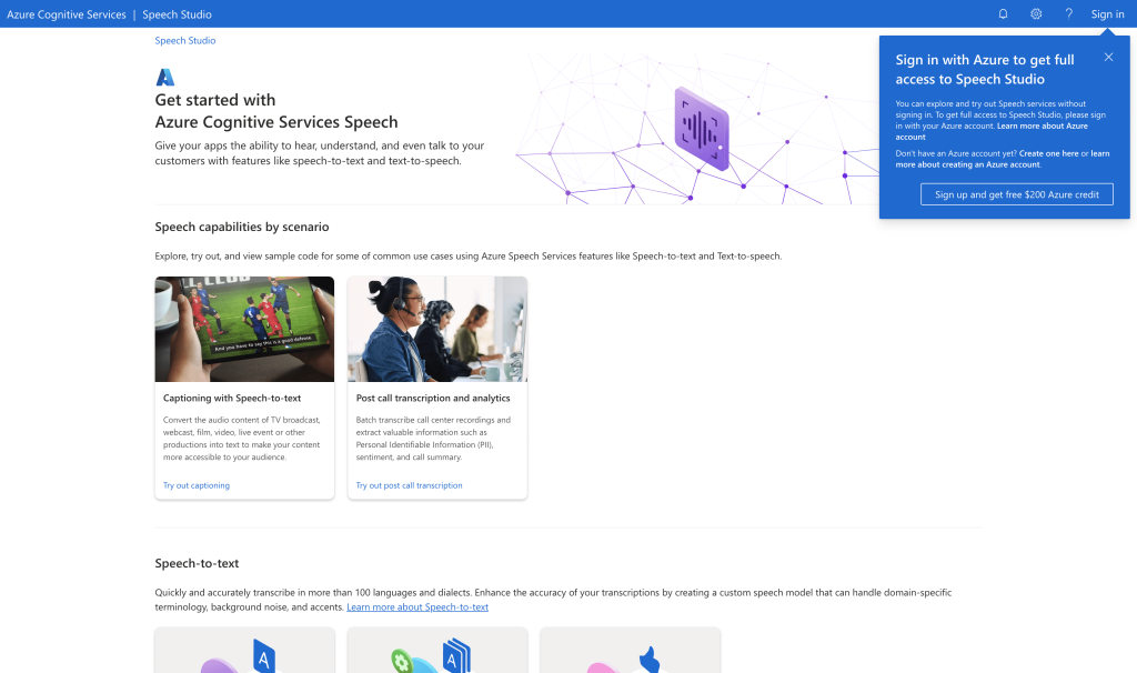 Screenshot of Speech Studio from https://speech.microsoft.com/portal