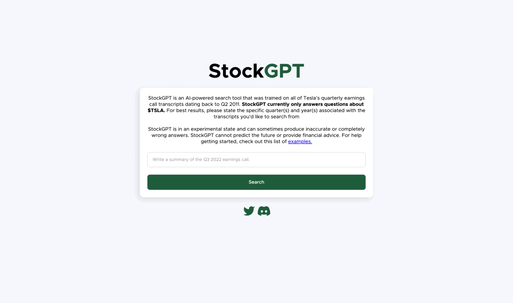 Screenshot of StockGPT from https://www.askstockgpt.com/