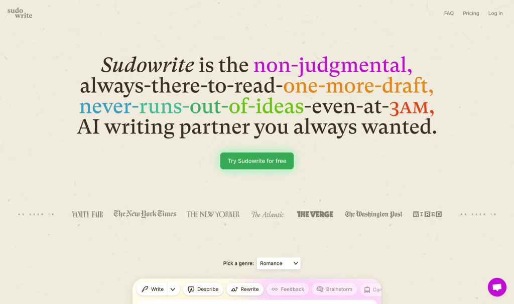 Screenshot of Sudowrite from https://www.sudowrite.com/