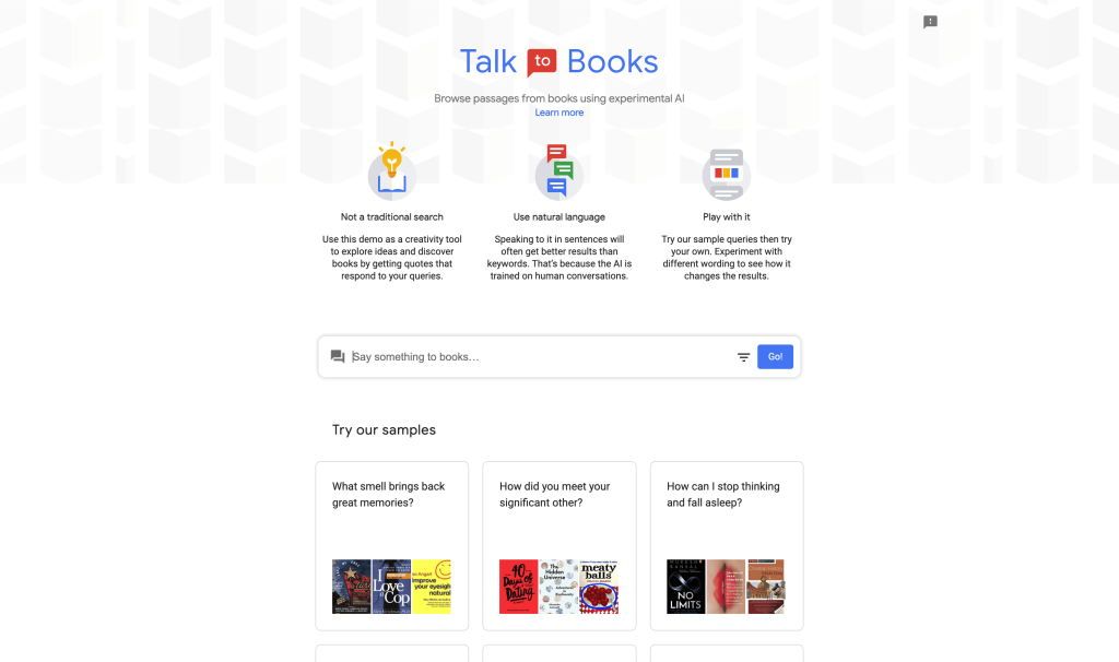 Screenshot of Talk to Books (Google) from https://books.google.com/talktobooks/