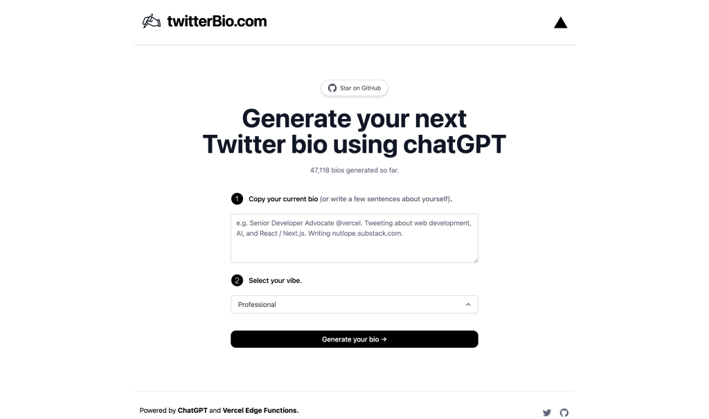 Screenshot of Twitter Bio Generator from https://www.twitterbio.com/