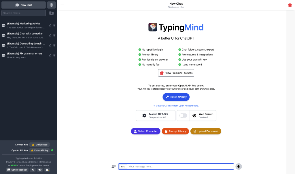 Screenshot of TypingMind from https://www.typingmind.com/