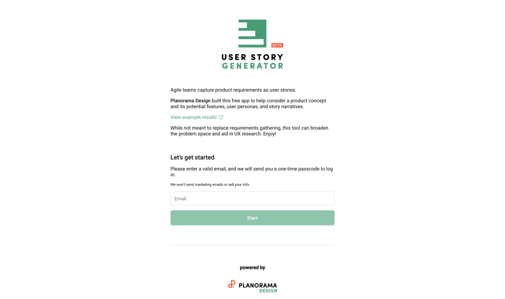 Screenshot of User Story Generator from https://userstorygenerator.ai/