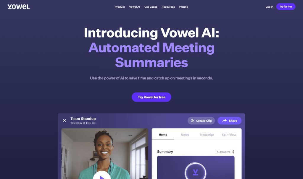 Screenshot of Vowel from https://www.vowel.com/features/automated-meeting-summaries