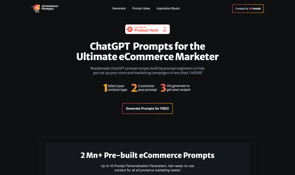 Screenshot of eCommerce ChatGPT Prompts from https://www.ecommerceprompts.com/