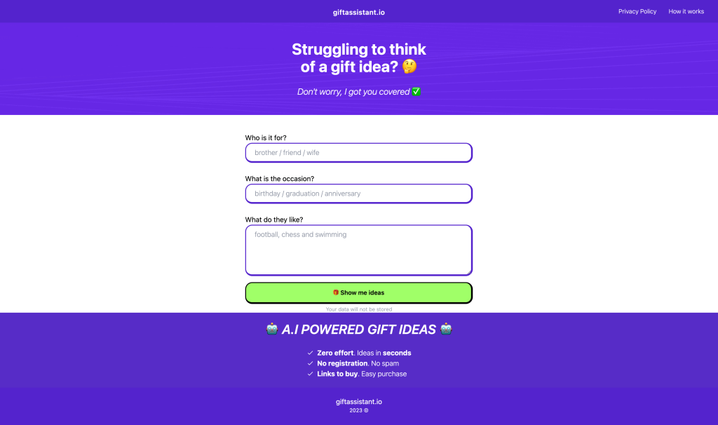 Screenshot of giftassistant.io from https://www.giftassistant.io/