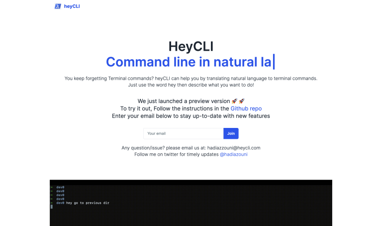Screenshot of heyCLI from https://www.heycli.com/